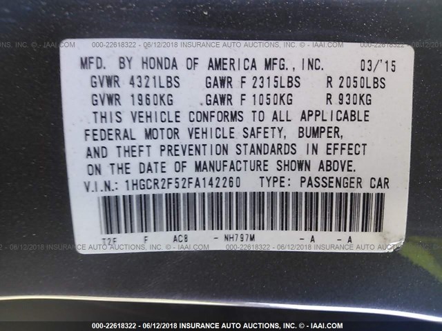 1HGCR2F52FA142260 - 2015 HONDA ACCORD SPORT Сұр фото 9