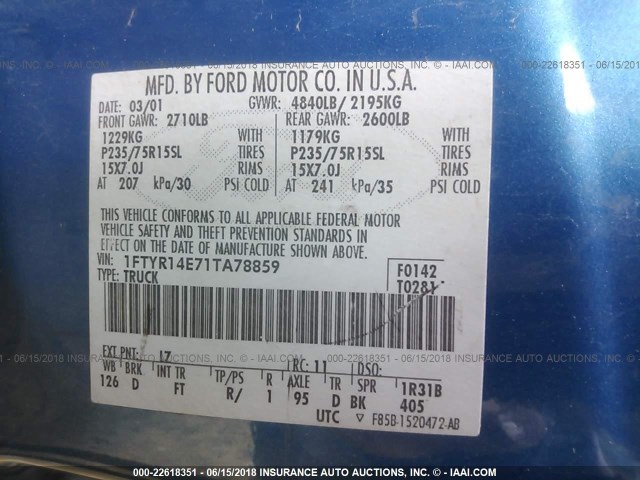 1FTYR14E71TA78859 - 2001 FORD RANGER SUPER CAB BLUE photo 9