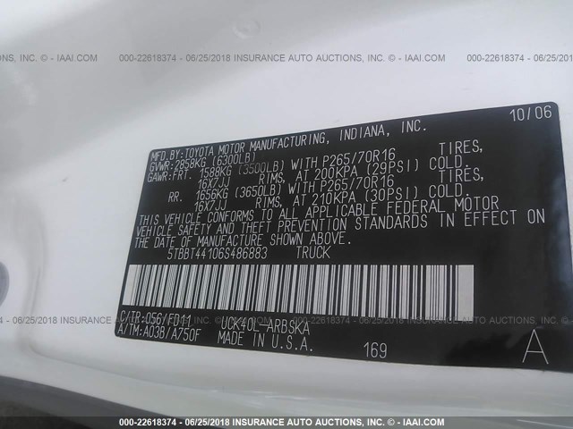 5TBBT44106S486883 - 2006 TOYOTA TUNDRA ACCESS CAB SR5 WHITE photo 9