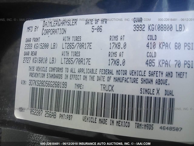 3D7KS28D56G268199 - 2006 DODGE RAM 2500 ST/SLT 蓝色 照片 9