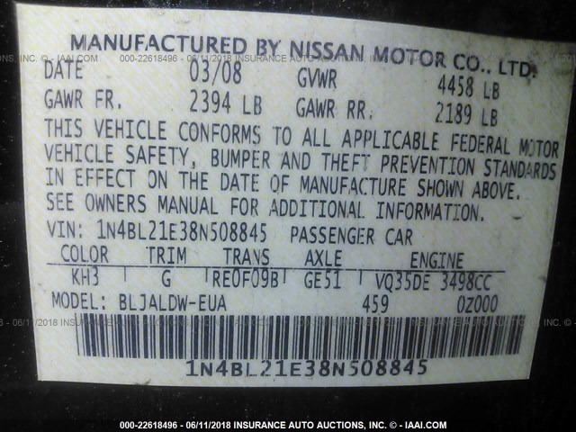 1N4BL21E38N508845 - 2008 NISSAN ALTIMA 3.5SE/3.5SL BLACK photo 9