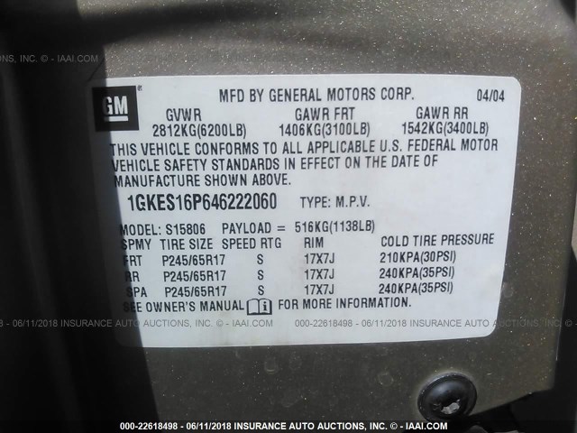 1GKES16P646222060 - 2004 GMC ENVOY XL GOLD photo 9