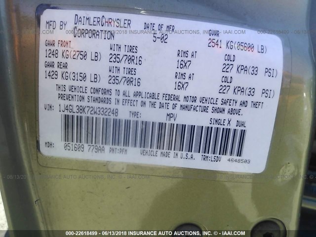 1J4GL38K72W332248 - 2002 JEEP LIBERTY RENEGADE GREEN photo 9