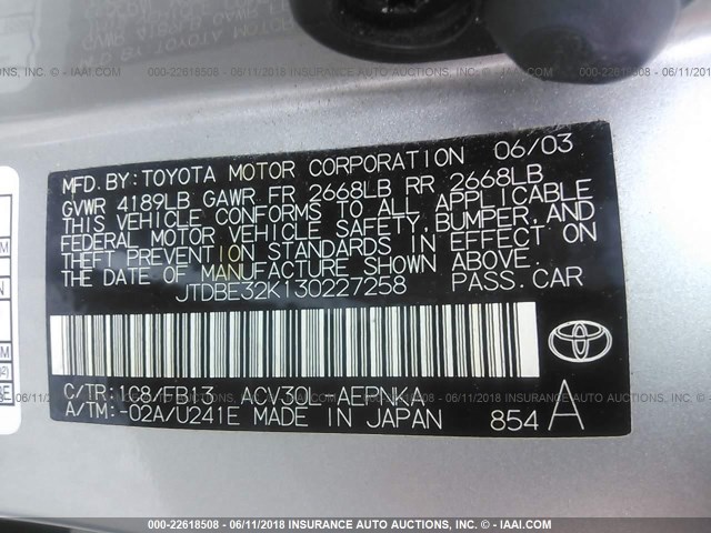 JTDBE32K130227258 - 2003 TOYOTA CAMRY LE/XLE SILVER photo 9