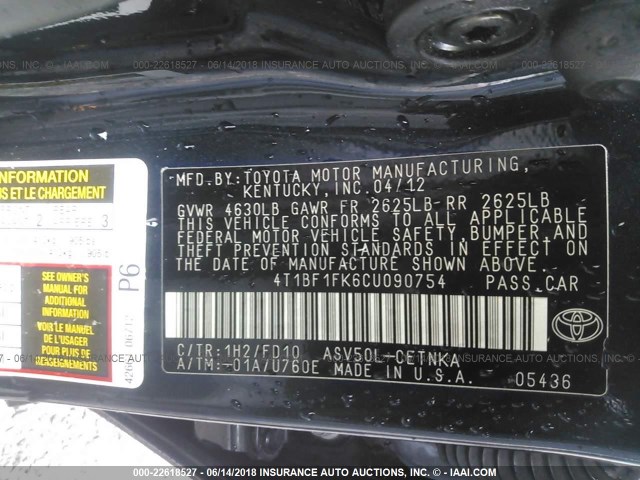 4T1BF1FK6CU090754 - 2012 TOYOTA CAMRY SE/LE/XLE 黑色 照片 9