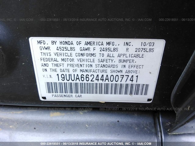 19UUA66244A007741 - 2004 ACURA TL GRAY photo 9