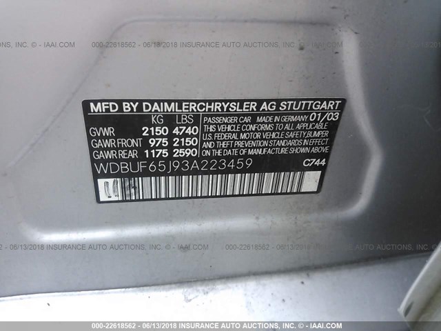 WDBUF65J93A223459 - 2003 MERCEDES-BENZ E 320 SILVER photo 9