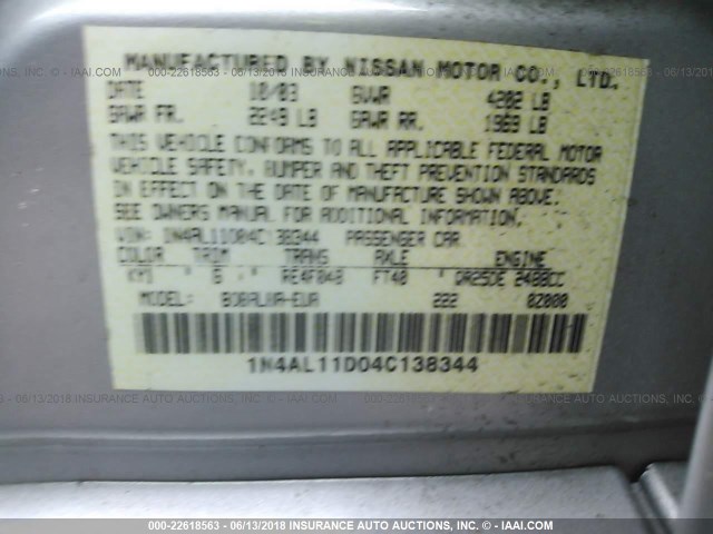 1N4AL11D04C138344 - 2004 NISSAN ALTIMA S/SL SILVER photo 9