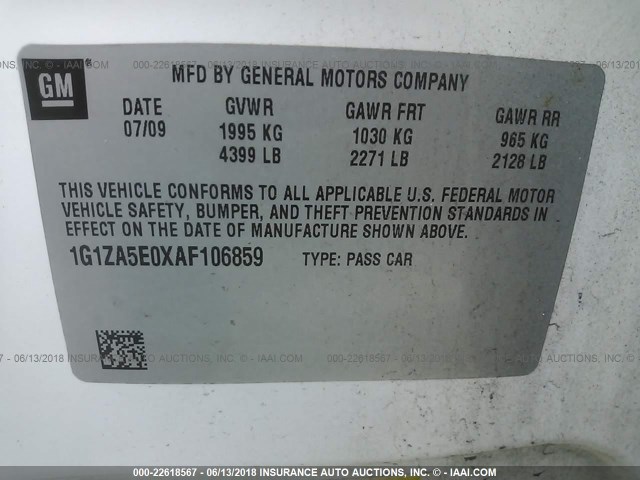 1G1ZA5E0XAF106859 - 2010 CHEVROLET MALIBU LS WHITE photo 9