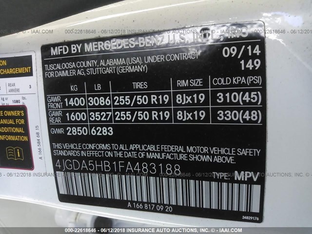 4JGDA5HB1FA483188 - 2015 MERCEDES-BENZ ML 350 4MATIC WHITE photo 9