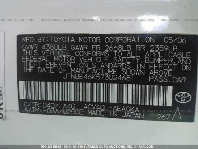 JTNBE46K573024681 - 2007 TOYOTA CAMRY NEW GENERAT CE/LE/XLE/SE WHITE photo 9