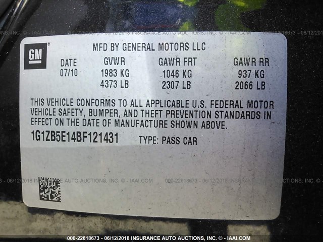 1G1ZB5E14BF121431 - 2011 CHEVROLET MALIBU LS 灰色 照片 9