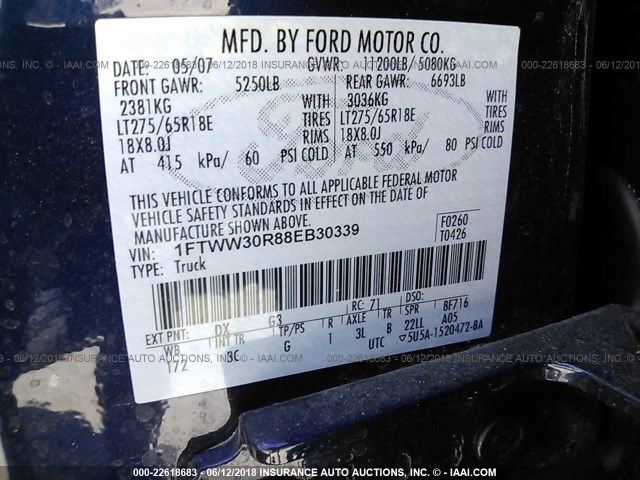 1FTWW30R88EB30339 - 2008 FORD F350 SRW SUPER DUTY Dark Blue photo 9