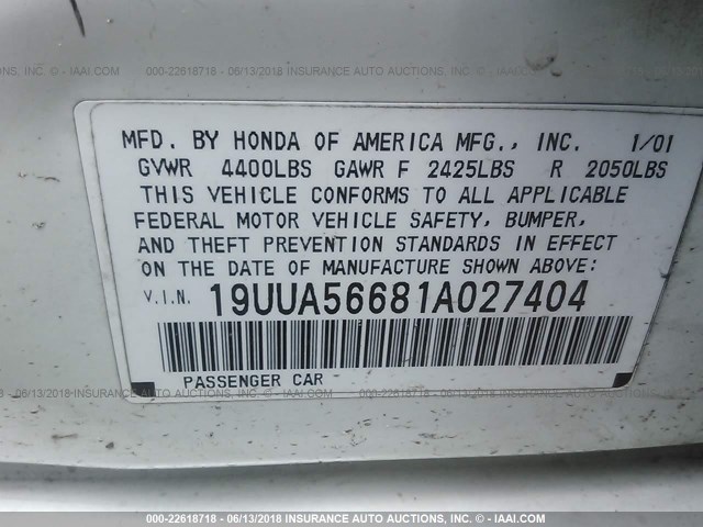 19UUA56681A027404 - 2001 ACURA 3.2TL WHITE photo 9