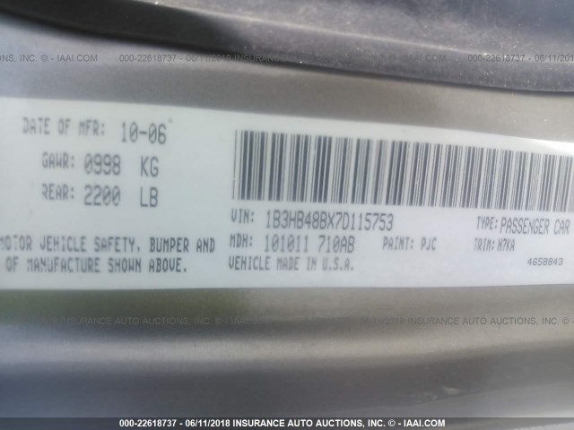 1B3HB48BX7D115753 - 2007 DODGE CALIBER SXT GOLD photo 9