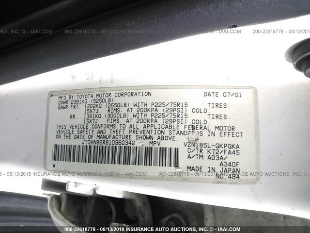 JT3HN86R810360342 - 2001 TOYOTA 4RUNNER SR5 WHITE photo 9