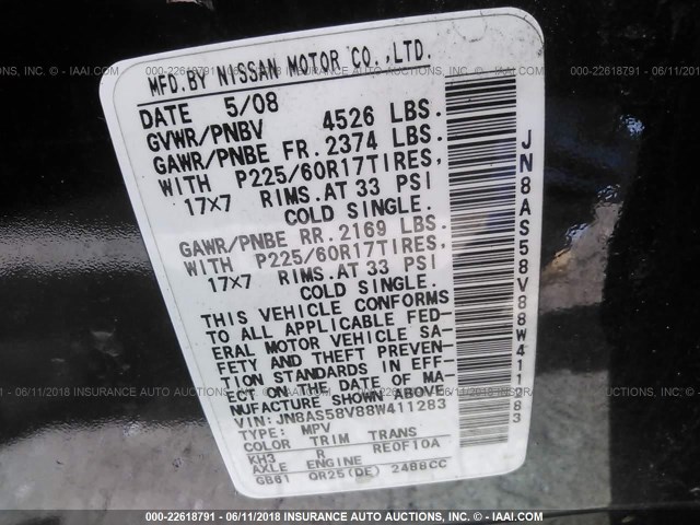 JN8AS58V88W411283 - 2008 NISSAN ROGUE S/SL BLACK photo 9