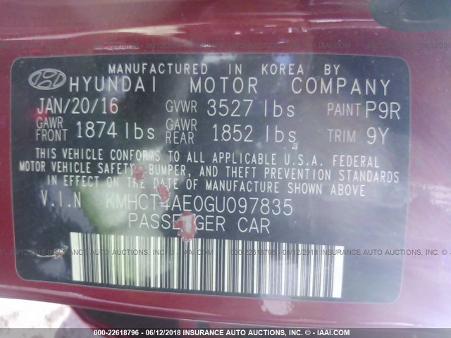 KMHCT4AE0GU097835 - 2016 HYUNDAI ACCENT SE RED photo 9