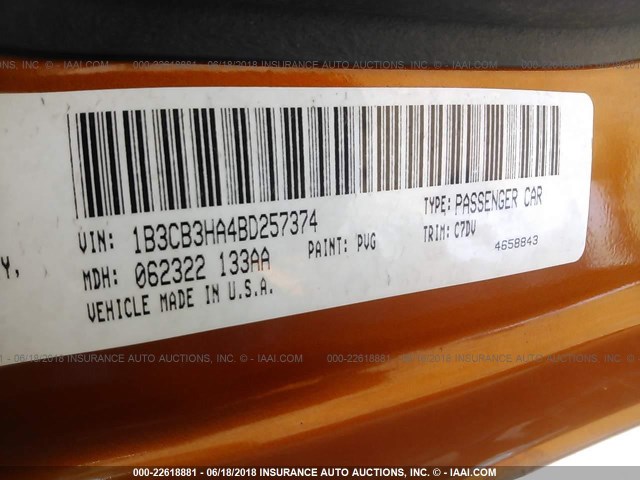 1B3CB3HA4BD257374 - 2011 DODGE CALIBER MAINSTREET ORANGE photo 9