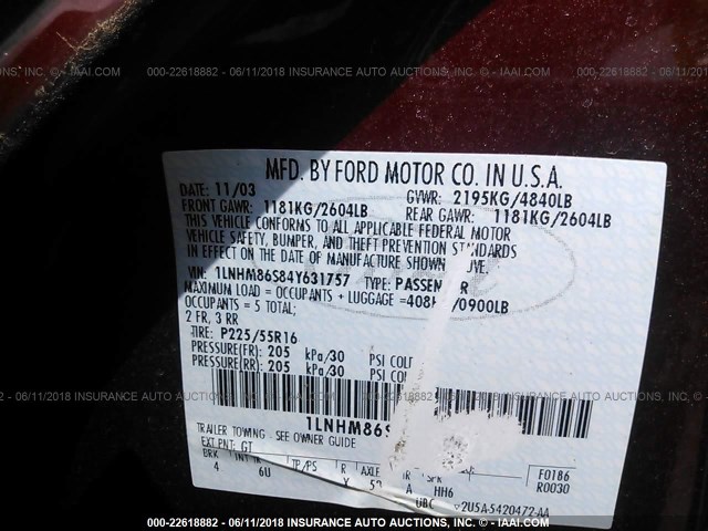 1LNHM86S84Y631757 - 2004 LINCOLN LS BURGUNDY photo 9