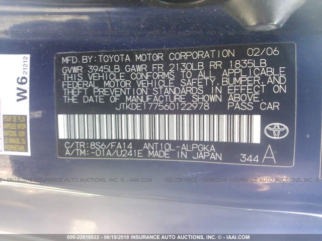 JTKDE177560122978 - 2006 TOYOTA SCION TC მუქი ლურჯი ფოტო 9