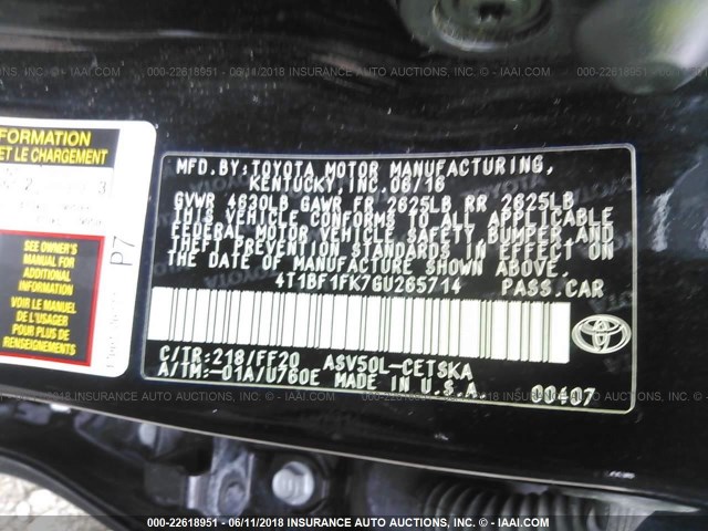 4T1BF1FK7GU265714 - 2016 TOYOTA CAMRY LE/XLE/SE/XSE 黑色 照片 9