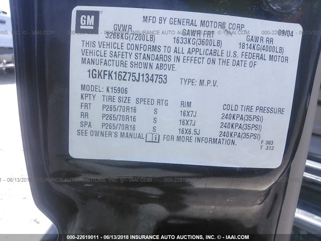 1GKFK16Z75J134753 - 2005 GMC YUKON XL K1500 BLACK photo 9