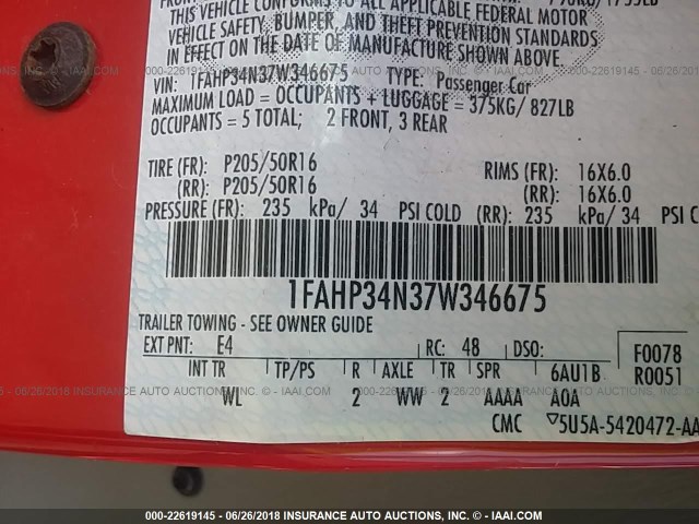 1FAHP34N37W346675 - 2007 FORD FOCUS ZX4/S/SE/SES 红色 照片 9