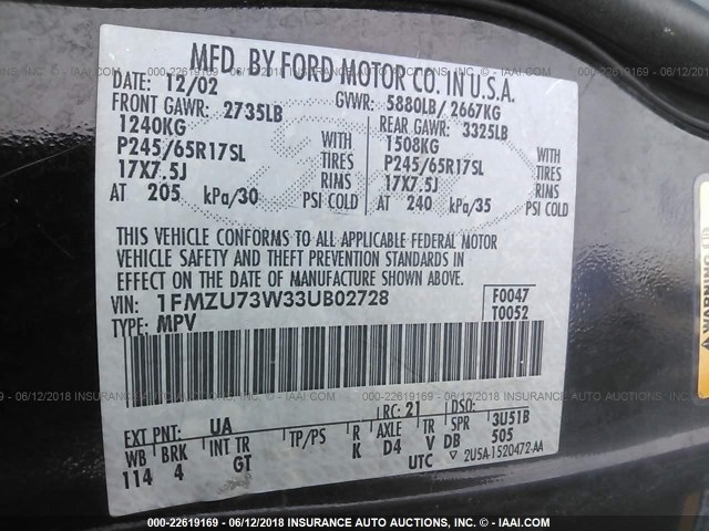 1FMZU73W33UB02728 - 2003 FORD EXPLORER XLT/XLT SPORT/NBX 黑色 照片 9