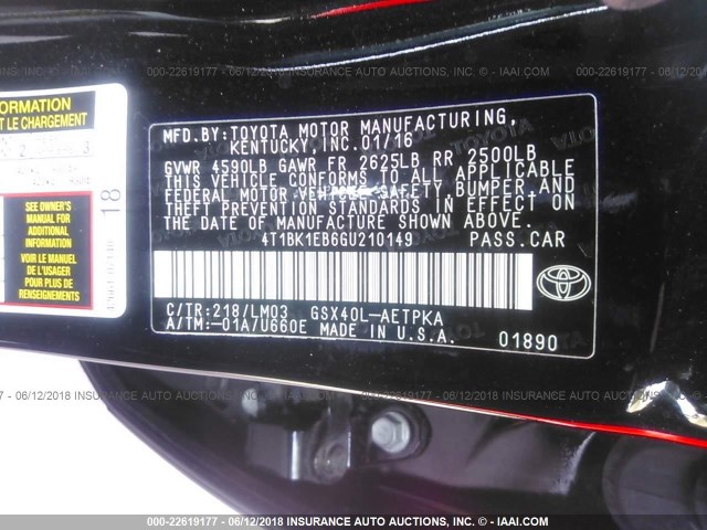 4T1BK1EB6GU210149 - 2016 TOYOTA AVALON XLE PLUS/PREMIUM/TOUR/LTD BLACK photo 9