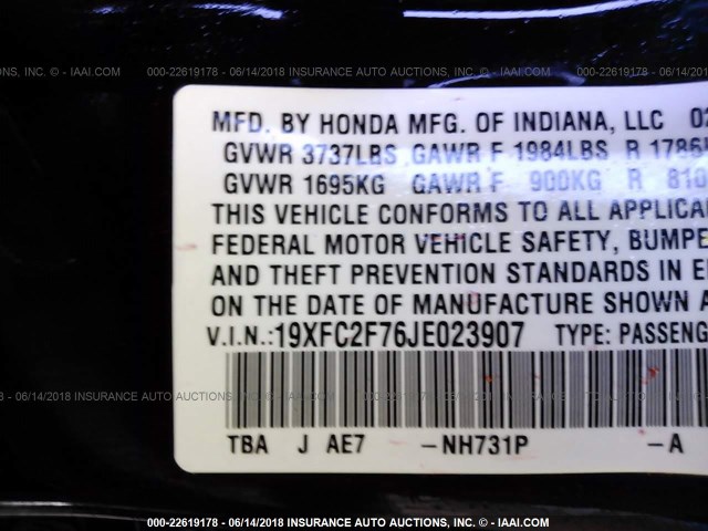 19XFC2F76JE023907 - 2018 HONDA CIVIC EX BLACK photo 9