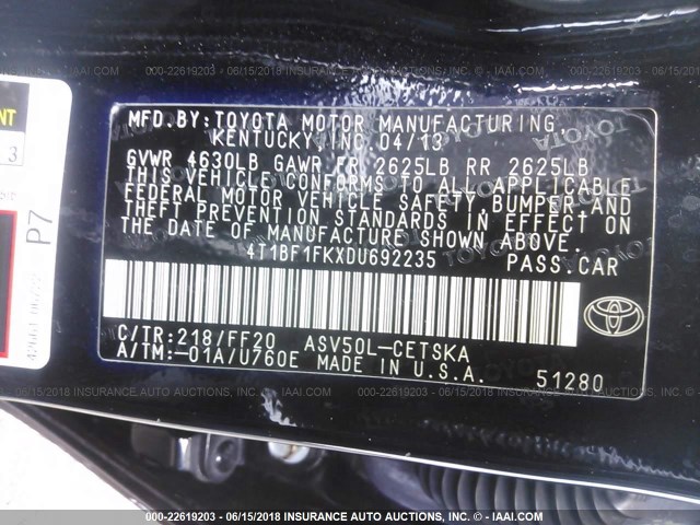 4T1BF1FKXDU692235 - 2013 TOYOTA CAMRY L/SE/LE/XLE 黑色 照片 9
