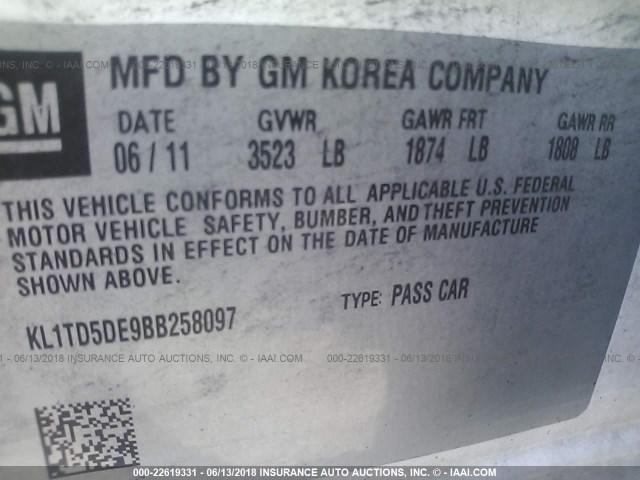 KL1TD5DE9BB258097 - 2011 CHEVROLET AVEO LS/LT 白色 照片 9