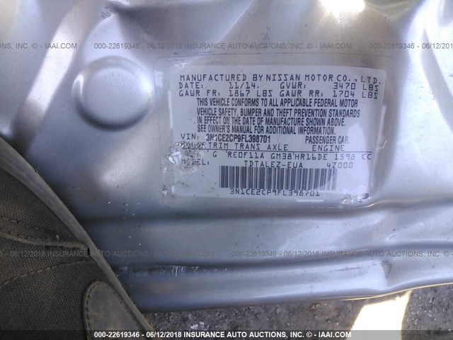 3N1CE2CP9FL398701 - 2015 NISSAN VERSA NOTE S/S PLUS/SV/SL/SR SILVER photo 9