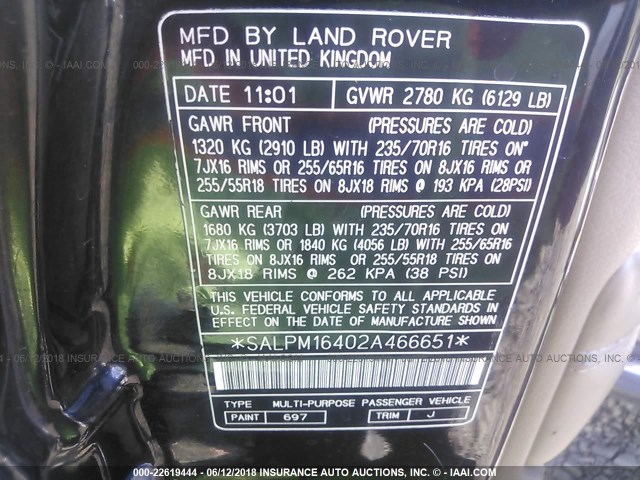 SALPM16402A466651 - 2002 LAND ROVER RANGE ROVER 4.6 HSE LONG WHEELBASE BLACK photo 9