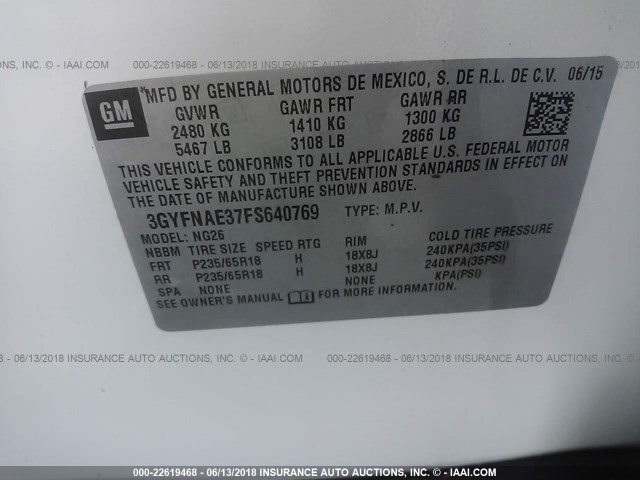3GYFNAE37FS640769 - 2015 CADILLAC SRX WHITE photo 9