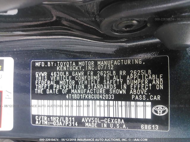 4T1BD1FK8CU042033 - 2012 TOYOTA CAMRY HYBRID/LE/XLE 黑色 照片 9