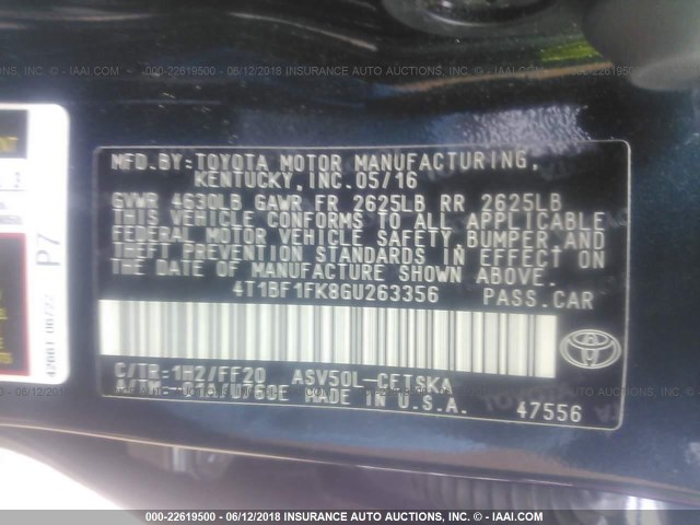 4T1BF1FK8GU263356 - 2016 TOYOTA CAMRY LE/XLE/SE/XSE BLACK photo 9