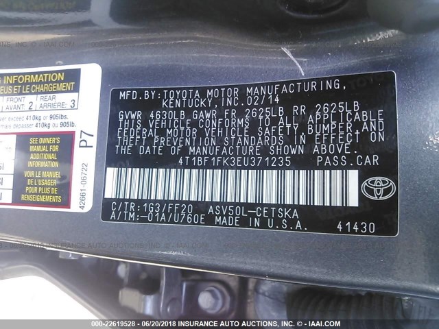 4T1BF1FK3EU371235 - 2014 TOYOTA CAMRY L/SE/LE/XLE 海军蓝 照片 9