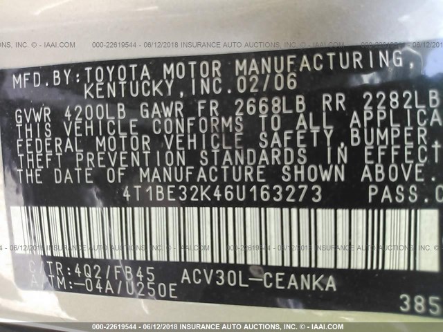 4T1BE32K46U163273 - 2006 TOYOTA CAMRY LE/XLE/SE ოქროსფერი ფოტო 9