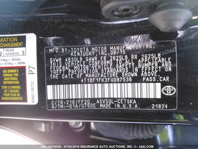 4T1BF1FK3FU097536 - 2015 TOYOTA CAMRY LE/XLE/SE/XSE BLACK photo 9