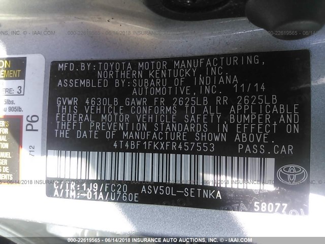 4T4BF1FKXFR457553 - 2015 TOYOTA CAMRY LE/XLE/SE/XSE SILVER photo 9