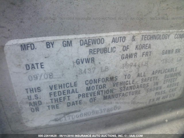 KL1TD66E09B378609 - 2009 CHEVROLET AVEO LS/LT 银色 照片 9