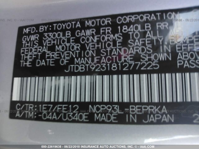 JTDBT923181277225 - 2008 TOYOTA YARIS SILVER photo 9