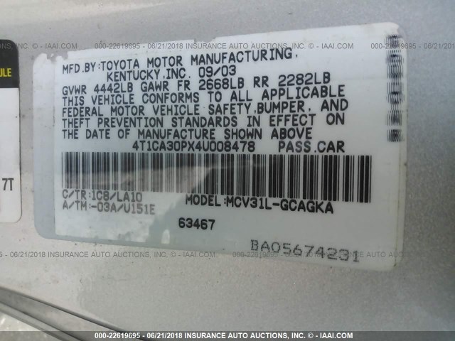 4T1CA30PX4U008478 - 2004 TOYOTA CAMRY SOLARA SE/SLE ვერცხლისფერი ფოტო 9