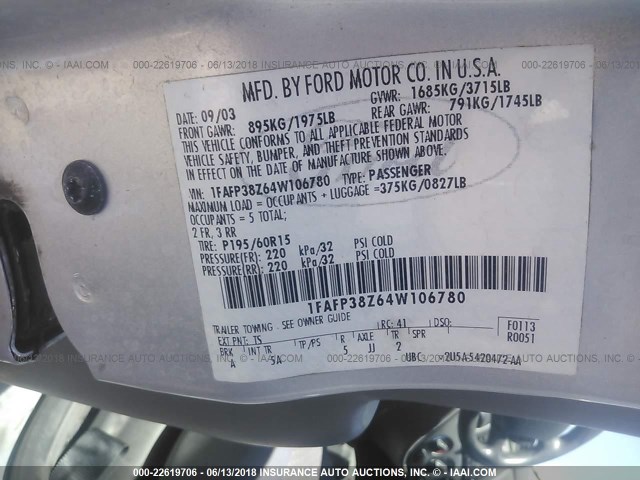 1FAFP38Z64W106780 - 2004 FORD FOCUS ZTS GRAY photo 9
