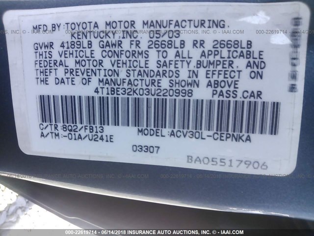 4T1BE32K03U220998 - 2003 TOYOTA CAMRY LE/XLE/SE ლურჯი ფოტო 9