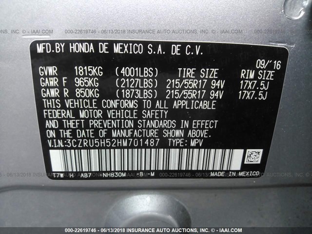 3CZRU5H52HM701487 - 2017 HONDA HR-V EX SILVER photo 9