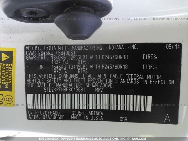 5TDZKRFH8FS045681 - 2015 TOYOTA HIGHLANDER LE/LE PLUS WHITE photo 9