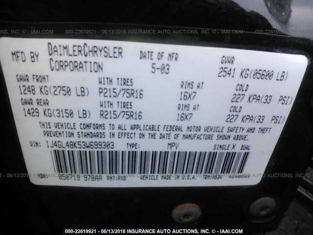 1J4GL48K53W699303 - 2003 JEEP LIBERTY SPORT/FREEDOM შავი ფოტო 9